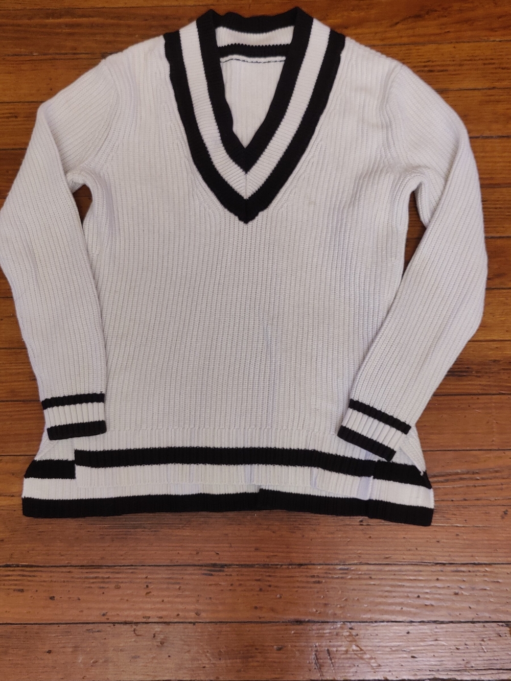 Women's White V-Neck Cricket Sweater with Black Trim
